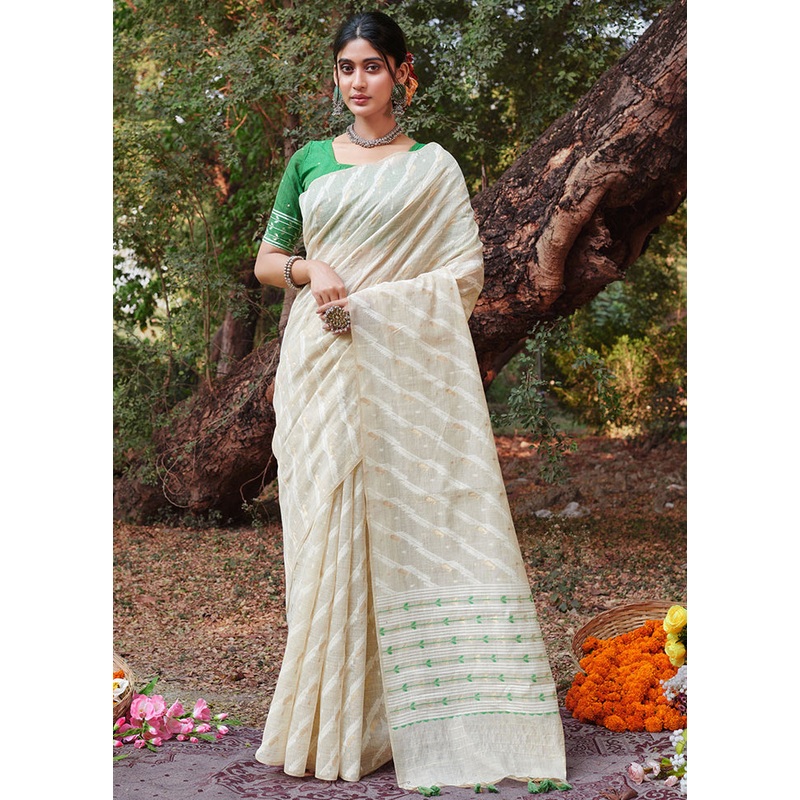 White Cotton Saree With Blouse Piece - JD986581542