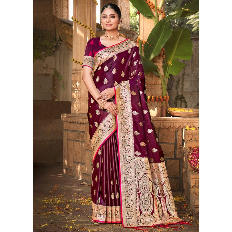 Wine Dupion Silk Saree With Blouse Piece - JD986581439