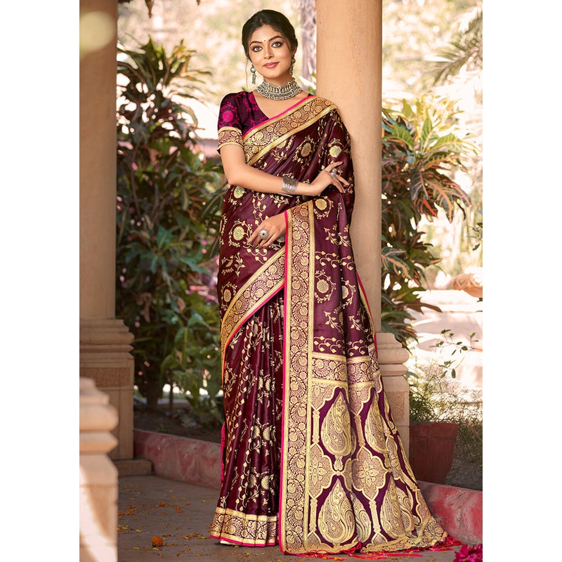 Wine Dupion Silk Saree With Blouse Piece - JD986581440