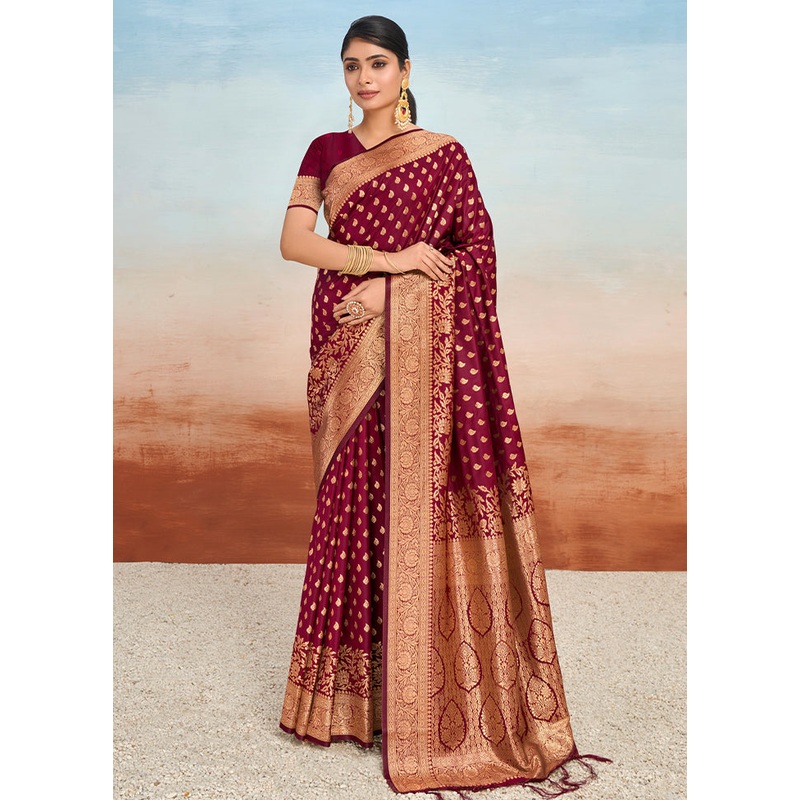 Wine Dupion Silk Saree With Blouse Piece - JD986581549