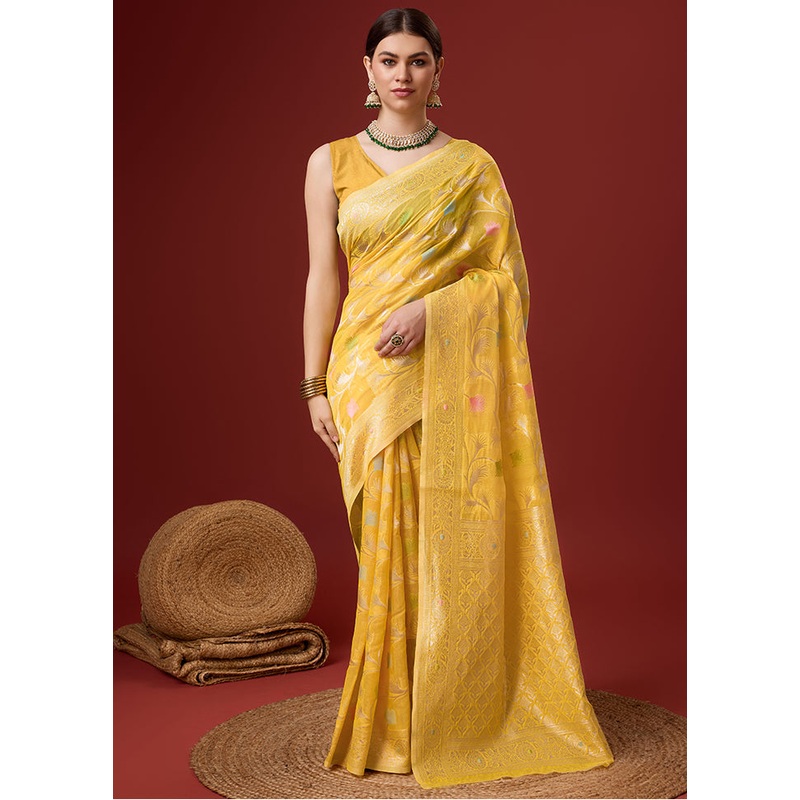 Yellow Cotton Saree With Blouse Piece - JD986581393
