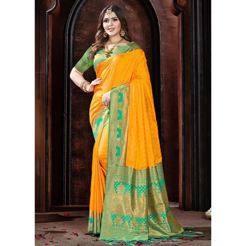 Yellow Dupion Silk Saree With Blouse Piece - JD986581392