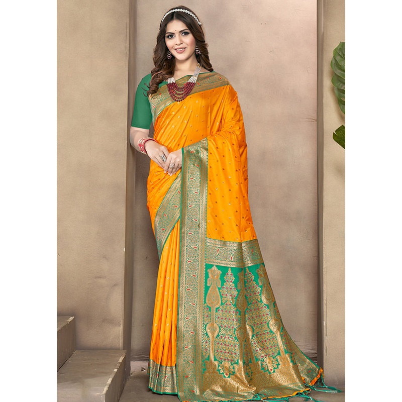 Yellow Dupion Silk Saree With Blouse Piece - JD986581394