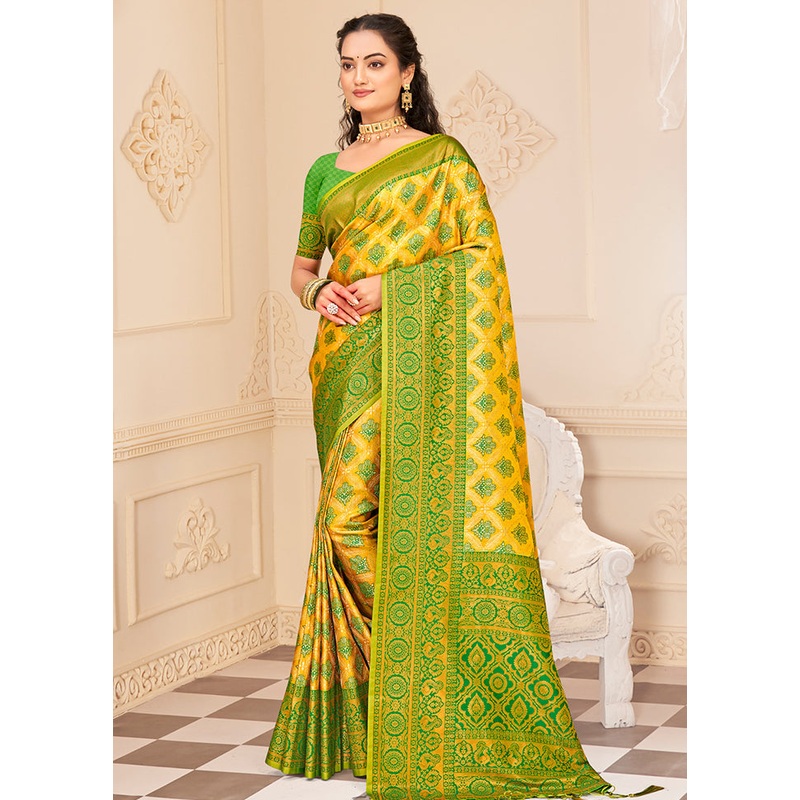 Yellow Dupion Silk Saree With Blouse Piece - JD986581395