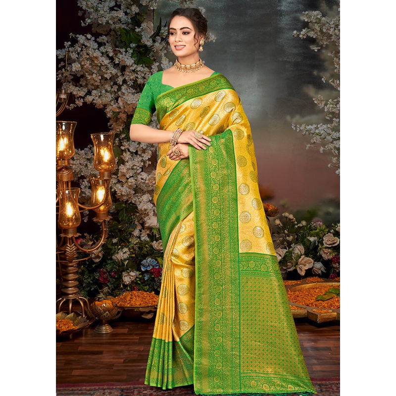 Yellow Dupion Silk Saree With Blouse Piece - JD986581396