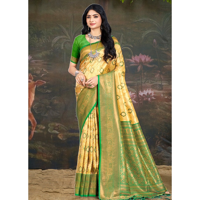 Yellow Dupion Silk Saree With Blouse Piece - JD986581400