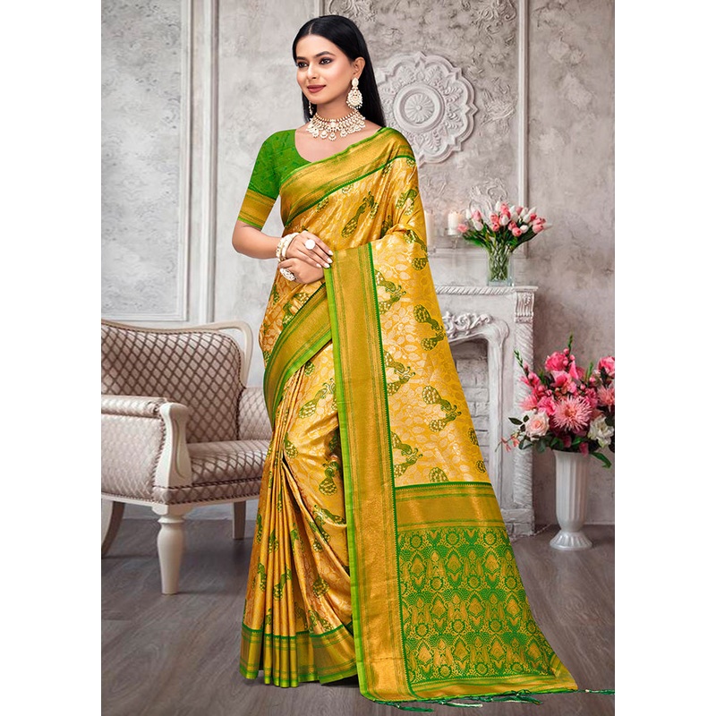 Yellow Dupion Silk Saree With Blouse Piece - JD986581443
