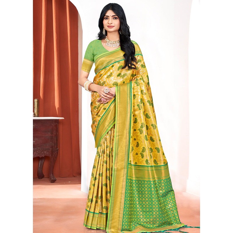 Yellow Dupion Silk Saree With Blouse Piece - JD986581444