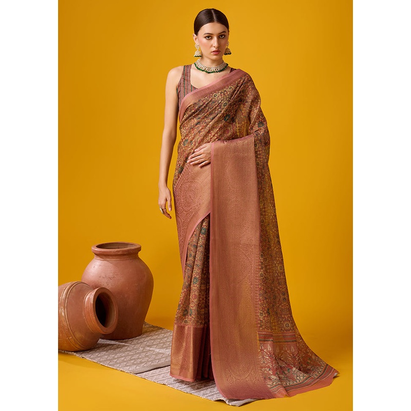 Brown Cotton Saree With Blouse Piece - JD986581319