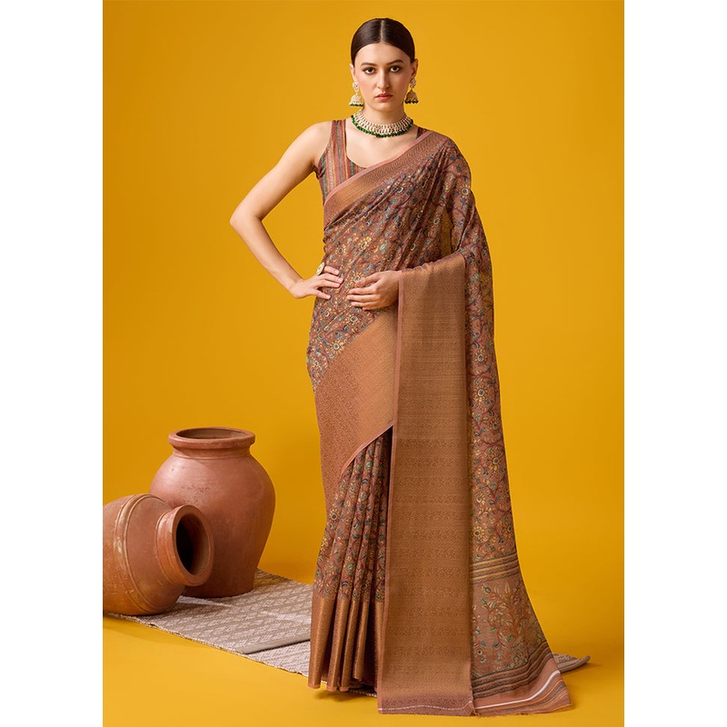 Brown Cotton Saree With Blouse Piece - JD986581320