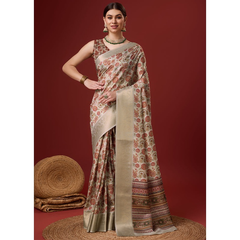 Brown Cotton Saree With Blouse Piece - JD986581322