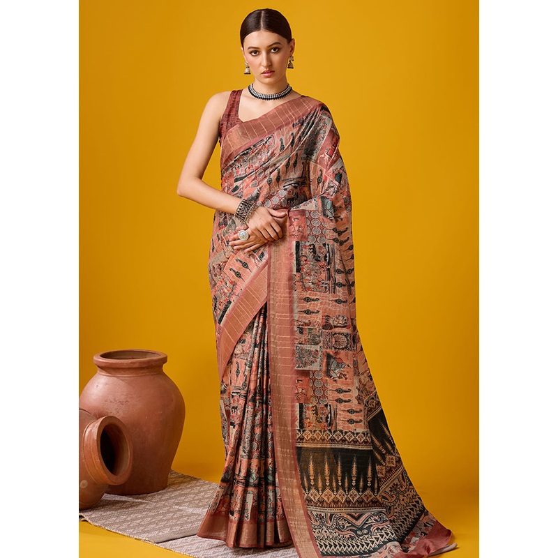 Brown Cotton Saree With Blouse Piece - JD986581324