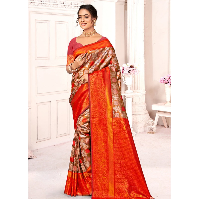 Brown Dupion Silk Saree With Blouse Piece - JD986581325