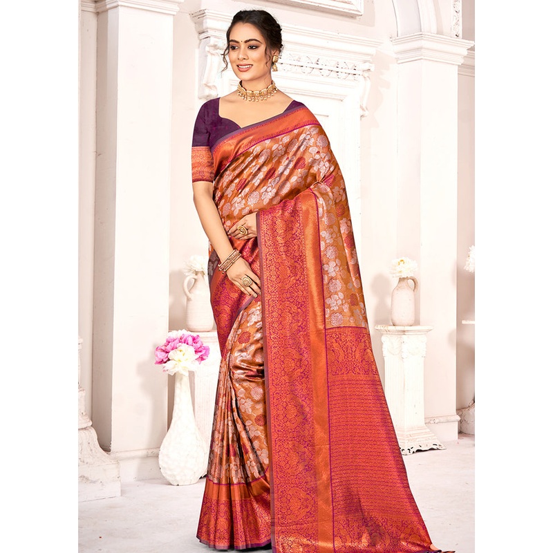 Brown Dupion Silk Saree With Blouse Piece - JD986581329