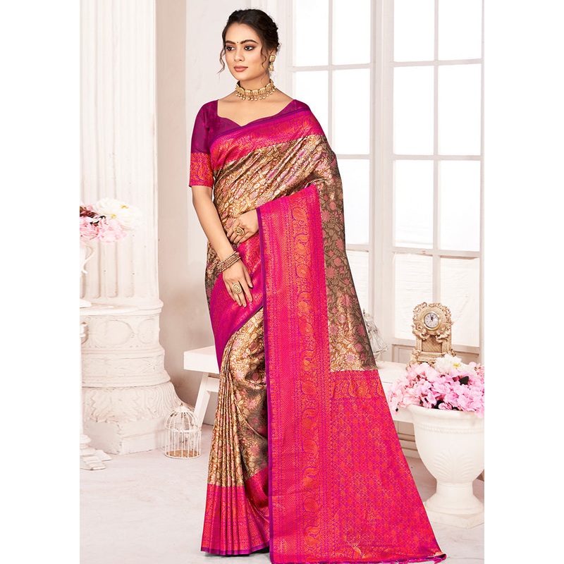 Brown Dupion Silk Saree With Blouse Piece - JD986581334