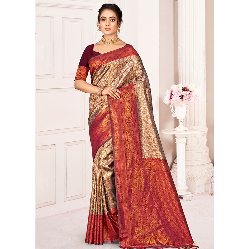Brown Dupion Silk Saree With Blouse Piece - JD986581336