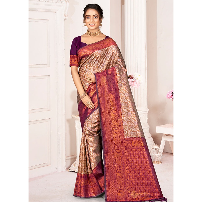 Brown Dupion Silk Saree With Blouse Piece - JD986581339