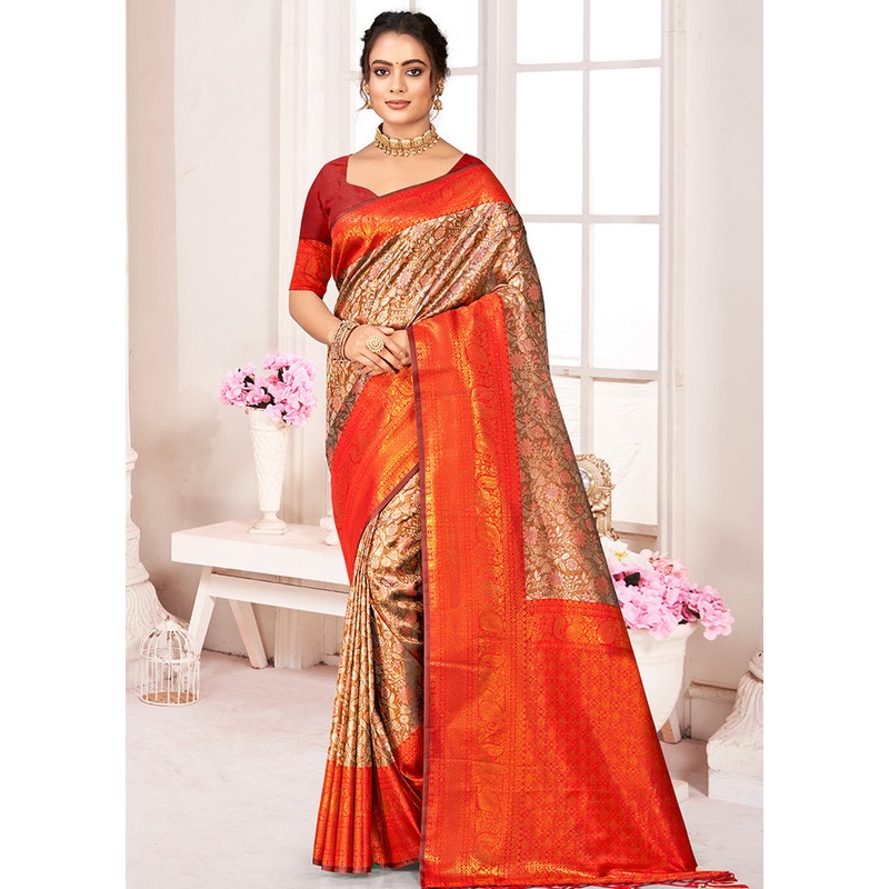 Brown Dupion Silk Saree With Blouse Piece - JD986581340