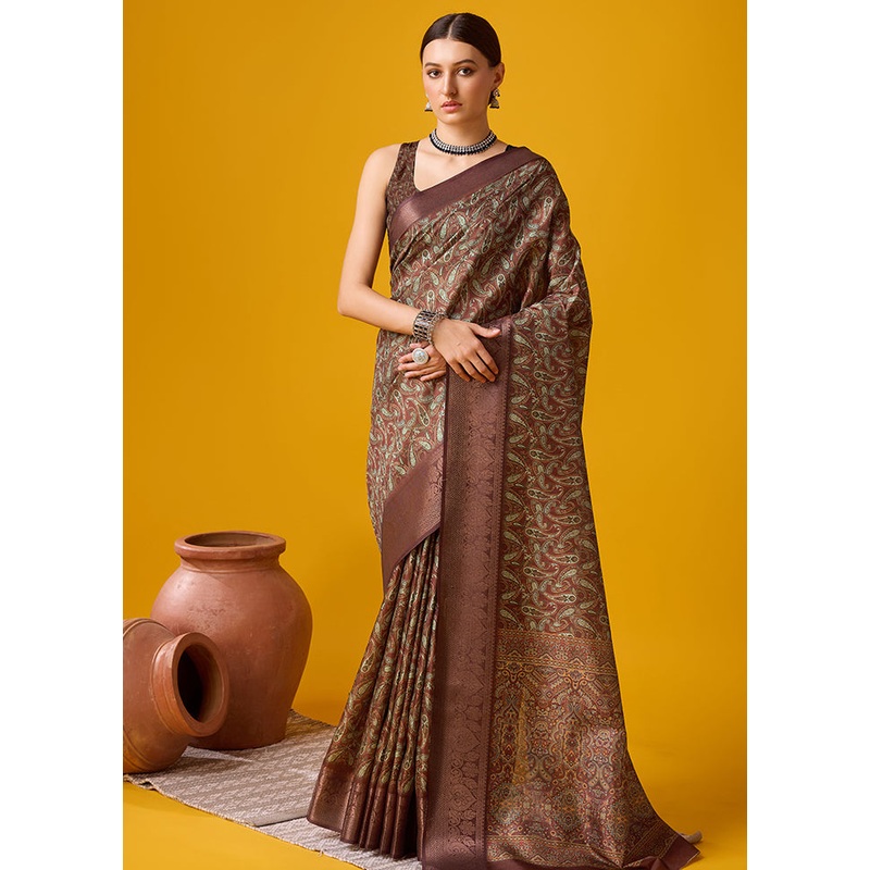 Coffee Cotton Saree With Blouse Piece - JD986581342