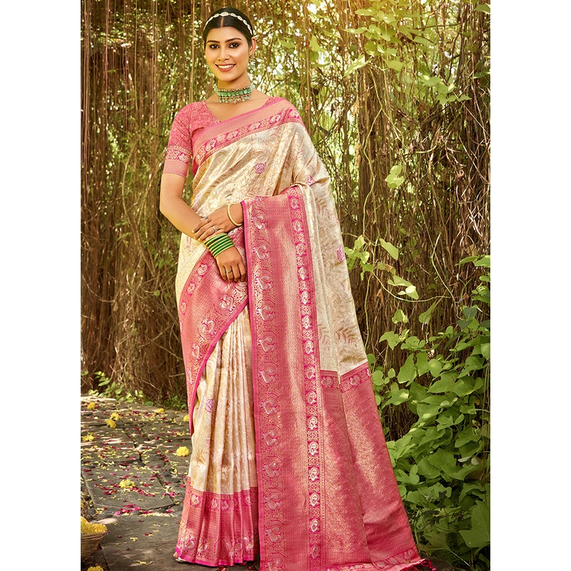 Cream Dupion Silk Saree With Blouse Piece - JD986581277