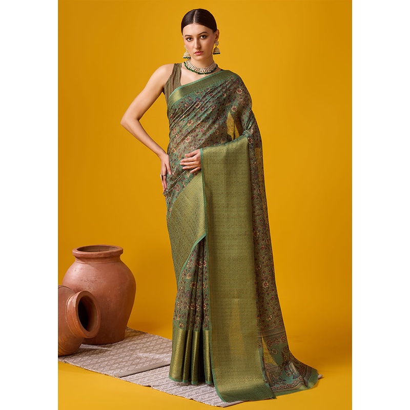 Green Cotton Saree With Blouse Piece - JD986581345