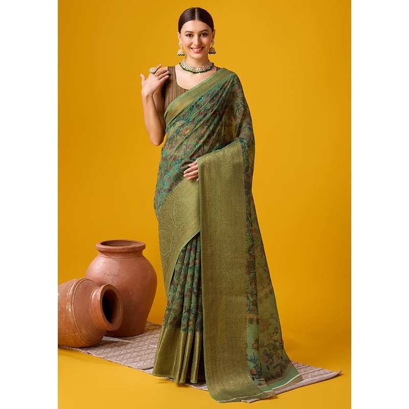 Green Cotton Saree With Blouse Piece - JD986581346