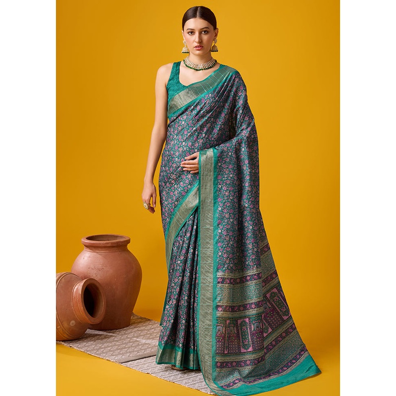 Green Cotton Saree With Blouse Piece - JD986581348
