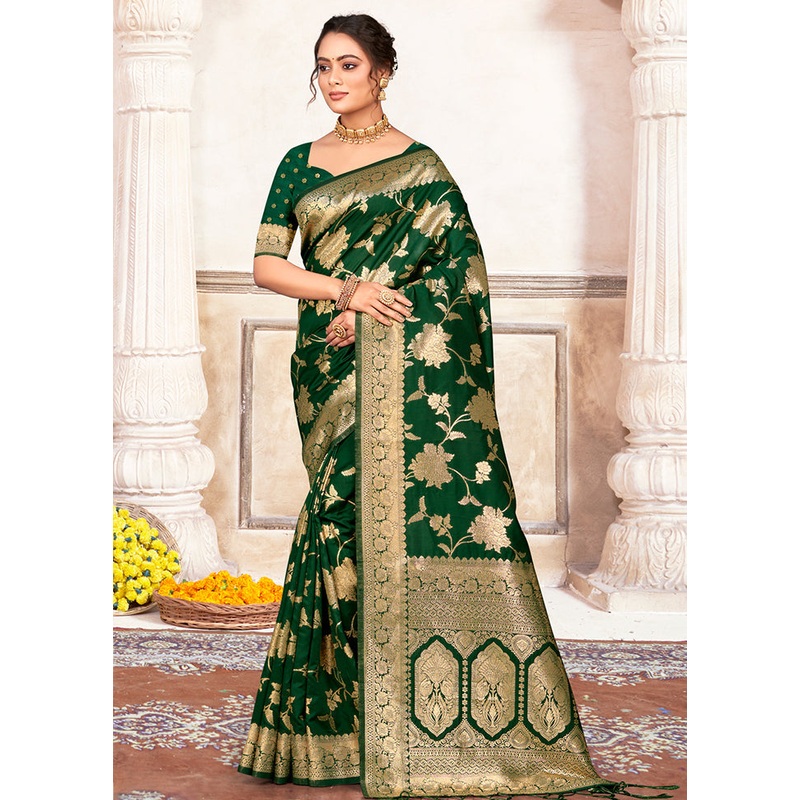 Green Dupion Silk Saree With Blouse Piece - JD986581350
