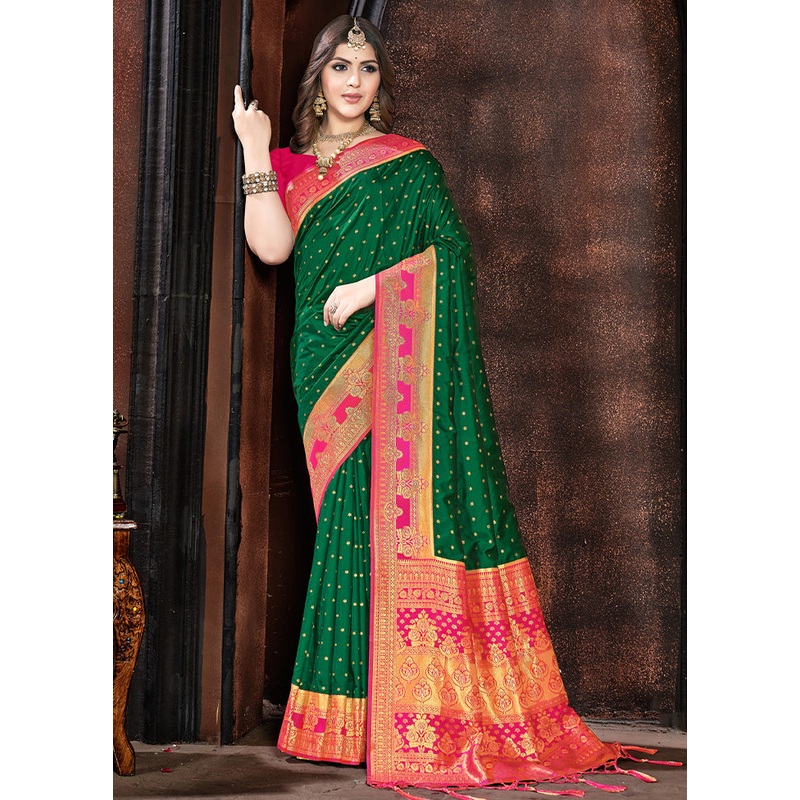 Green Dupion Silk Saree With Blouse Piece - JD986581359