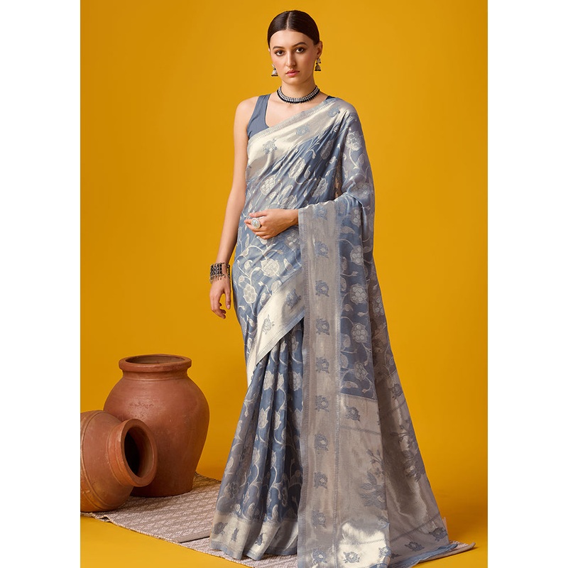 Grey Cotton Saree With Blouse Piece - JD986581352