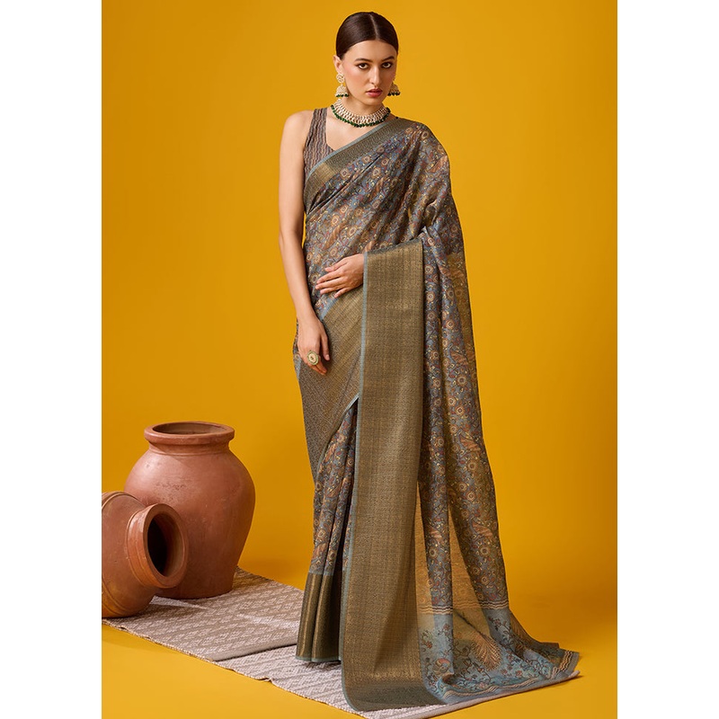 Grey Cotton Saree With Blouse Piece - JD986581353