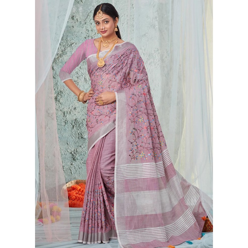 Purple Linen Silk Saree With Blouse Piece - JD986581174