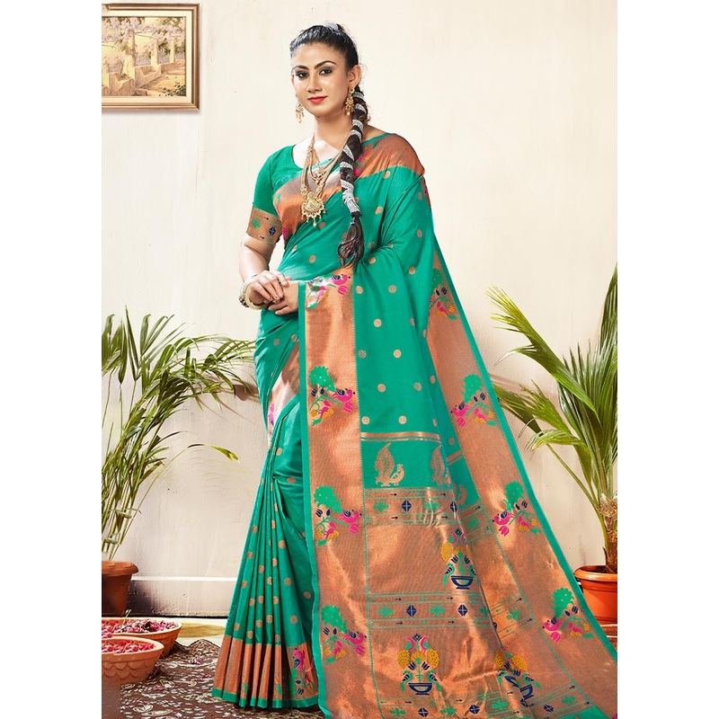 Rama Green Paithani Silk Saree With Blouse Piece - JD986581186