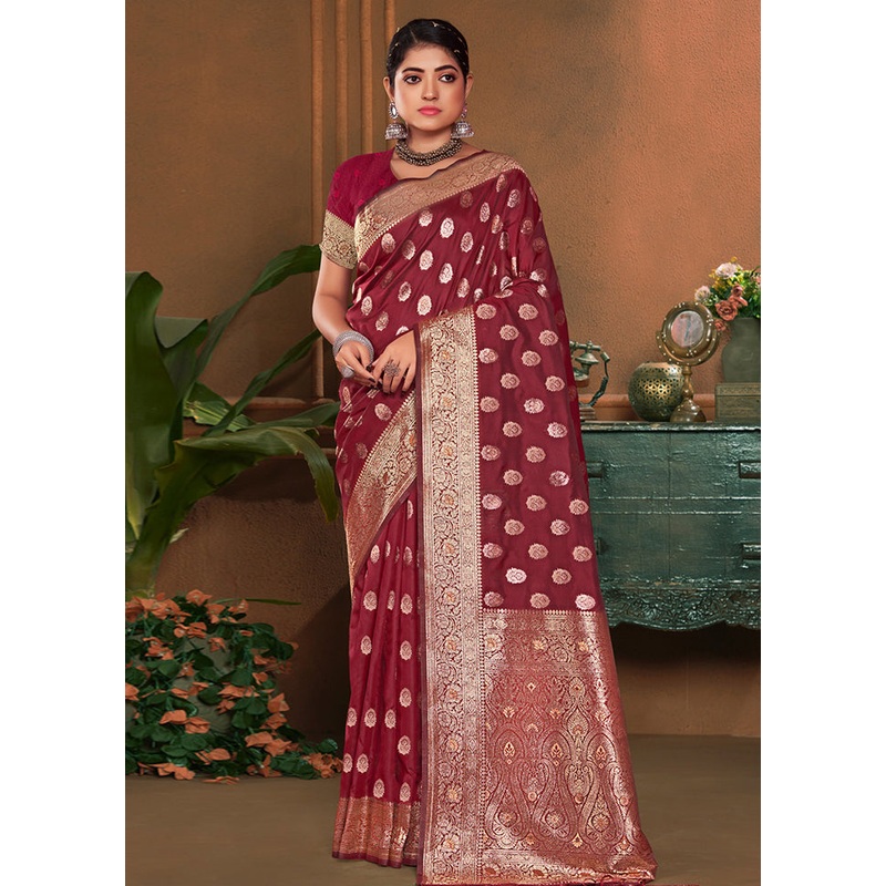 Red Dupion Silk Saree With Blouse Piece - JD986581189