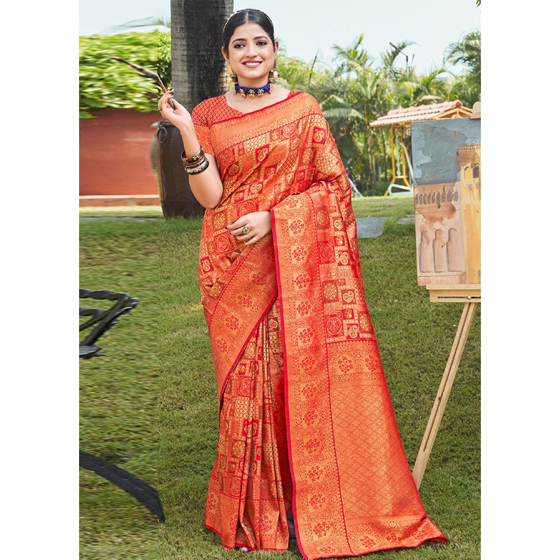 Red Dupion Silk Saree With Blouse Piece - JD986581190