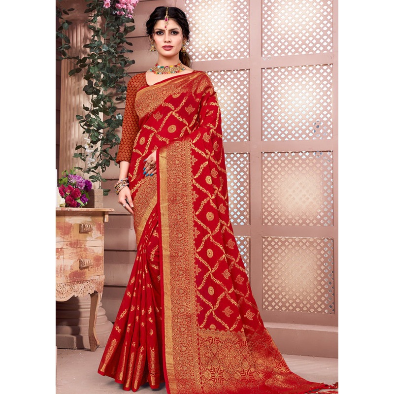 Red Spun Silk Saree With Blouse Piece - JD986581191