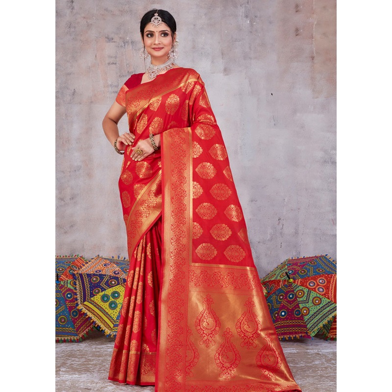 Red Spun Silk Saree With Blouse Piece - JD986581193