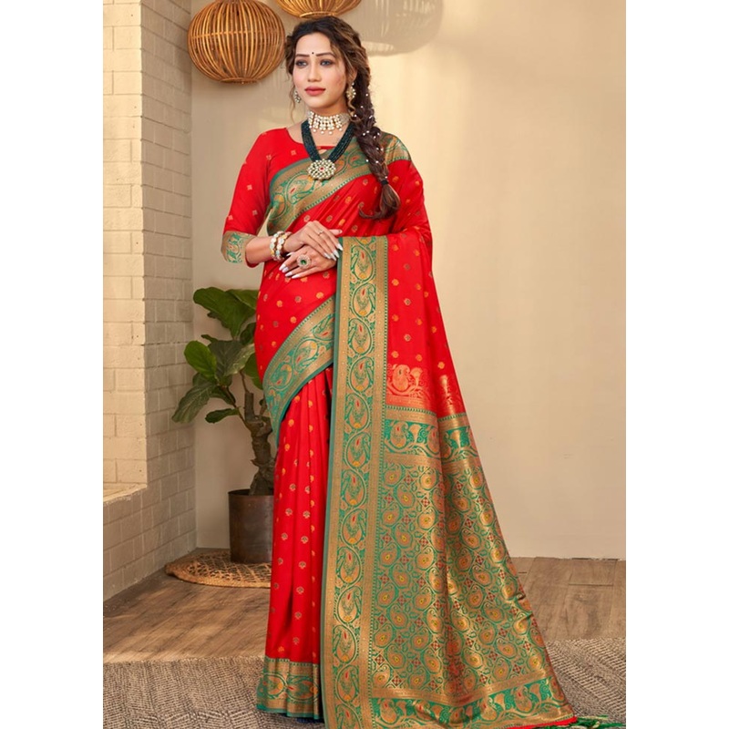 Red Spun Silk Saree With Blouse Piece - JD986581194