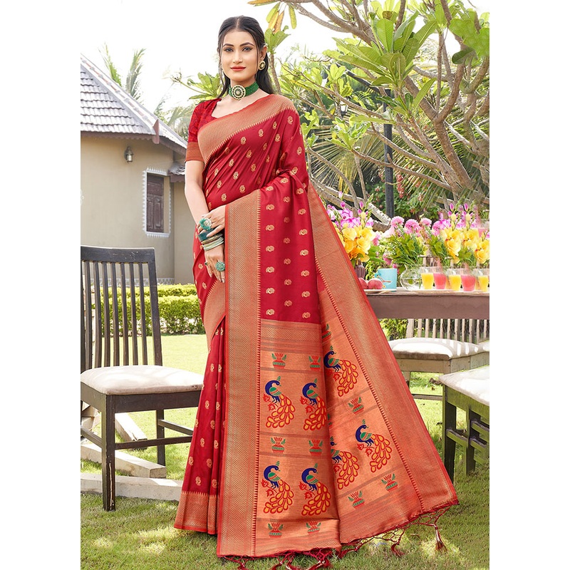 Red Spun Silk Saree With Blouse Piece - JD986581195
