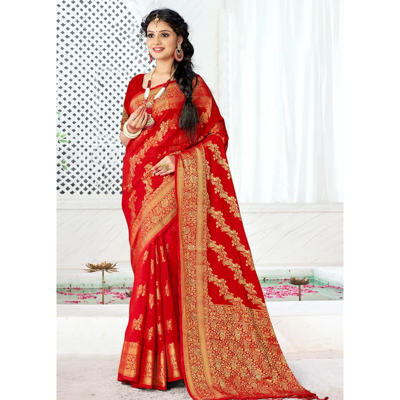 Red Spun Silk Saree With Blouse Piece - JD986581196