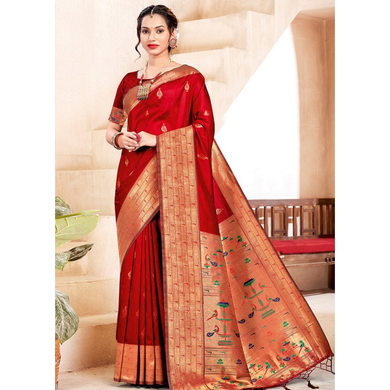 Red Spun Silk Saree With Blouse Piece - JD986581199