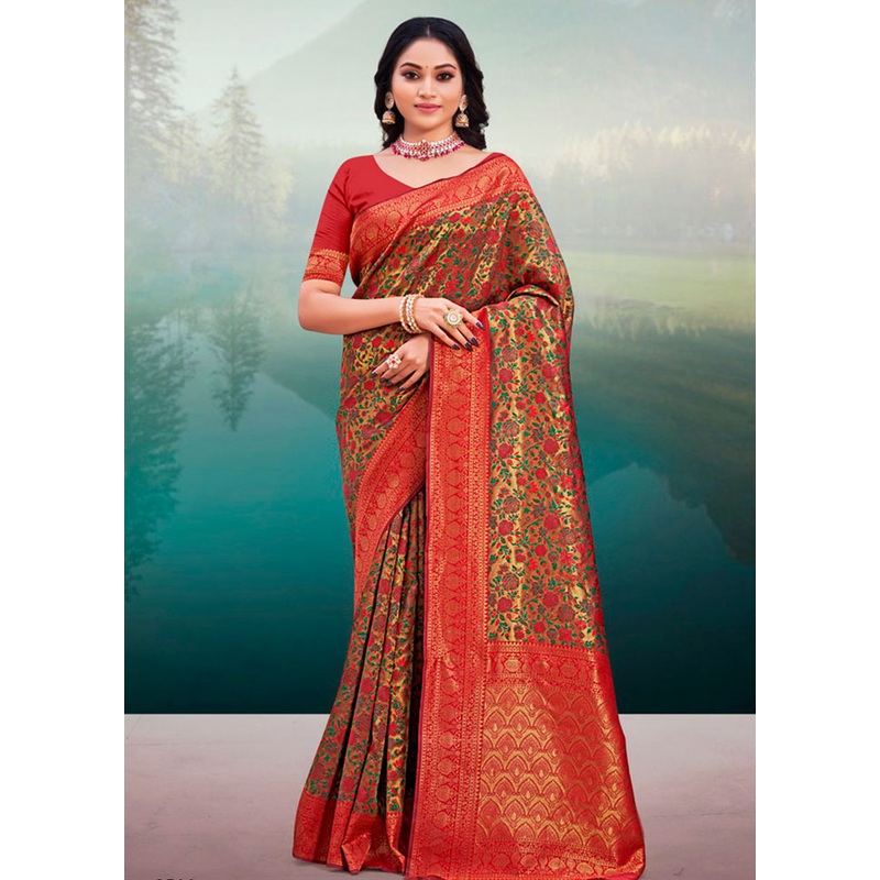Red Spun Silk Saree With Blouse Piece - JD986581200