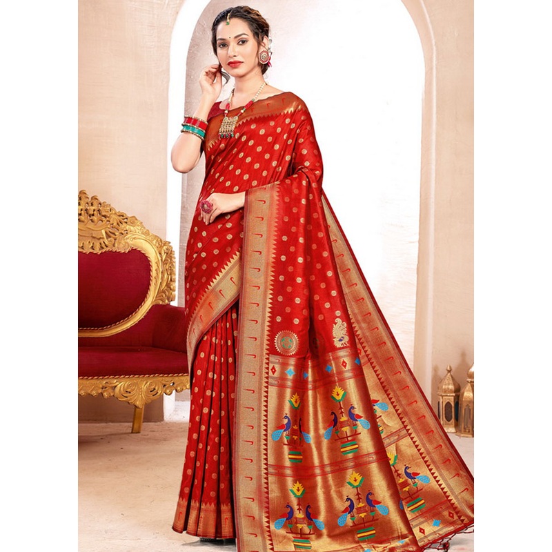 Red Spun Silk Saree With Blouse Piece - JD986581202