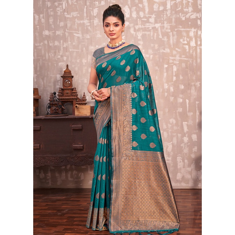 Sea Green Cotton Saree With Blouse Piece - JD986581201