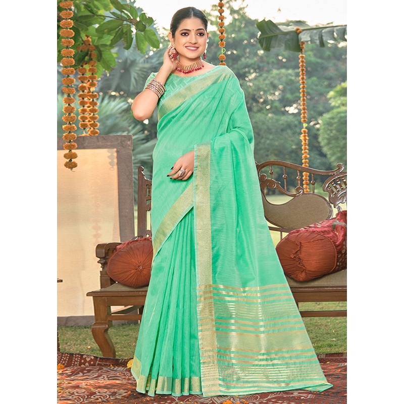 Sea Green Cotton Saree With Blouse Piece - JD986581203