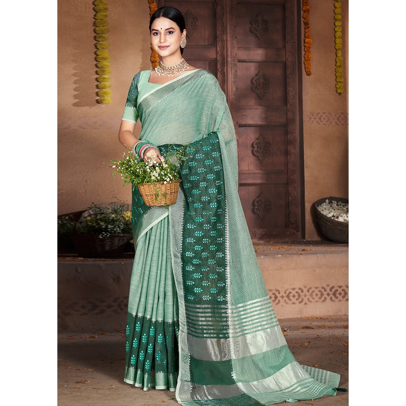 Sea Green Cotton Saree With Blouse Piece - JD986581204
