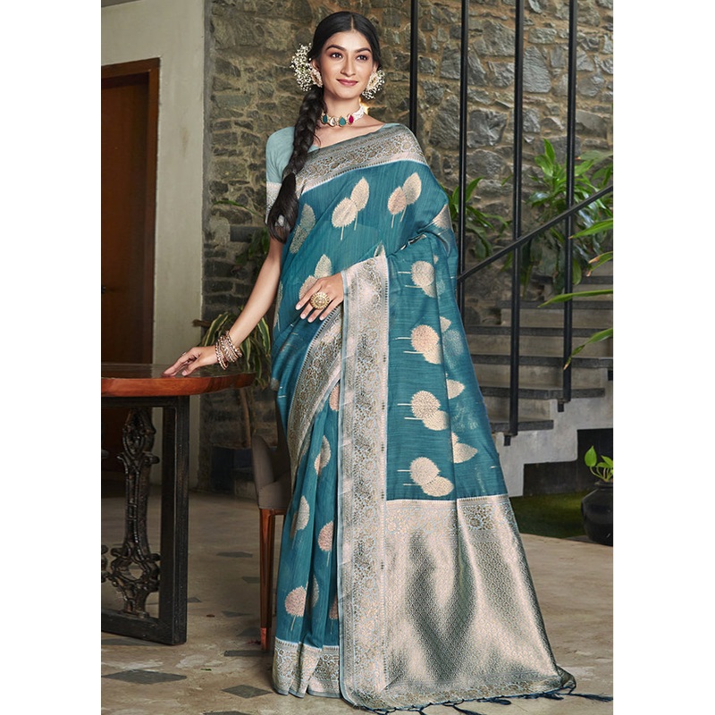 Sea Green Cotton Saree With Blouse Piece - JD986581206