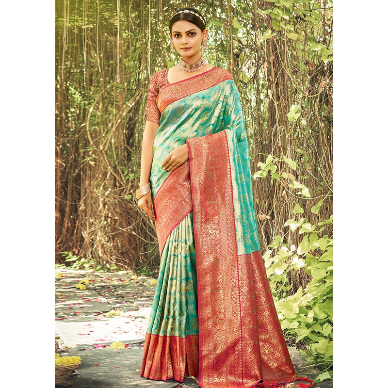 Sea Green Dupion Silk Saree With Blouse Piece - JD986581209