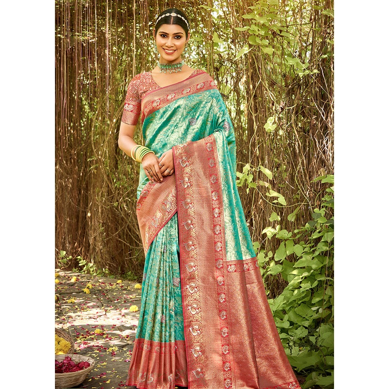 Sea Green Dupion Silk Saree With Blouse Piece - JD986581215