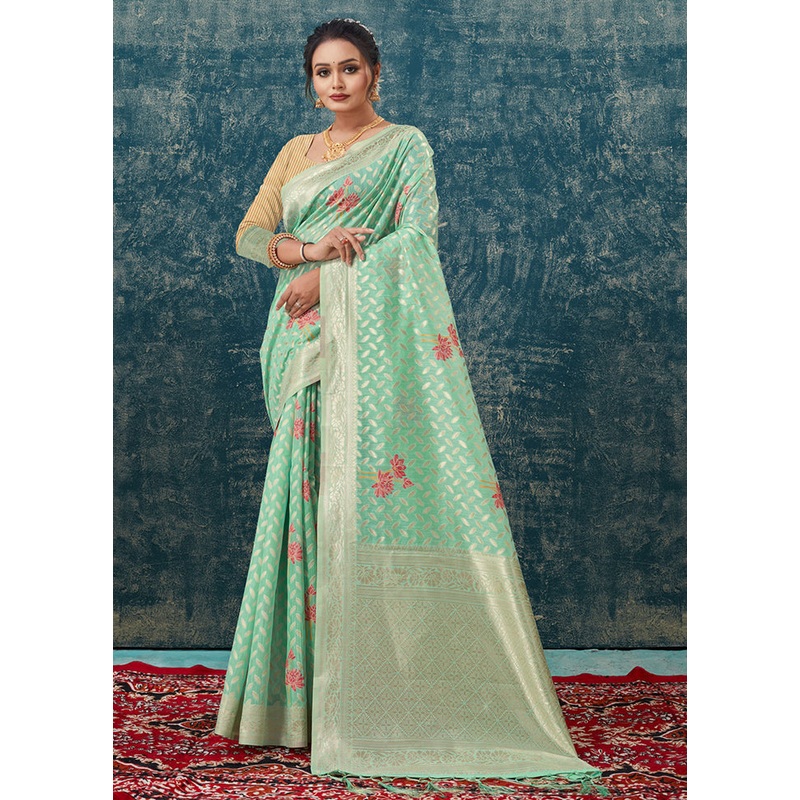 Sea Green Kota Cotton Saree With Blouse Piece - JD986581214